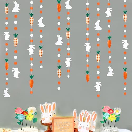 Image of Pinkblume Easter Party Decorations - Bunny Carrot Circle Dot Garland Streamer Hanging Paper Buffalo Plaid Carrot Polka Dot Rabbit Banner for Spring Day Party Supplies