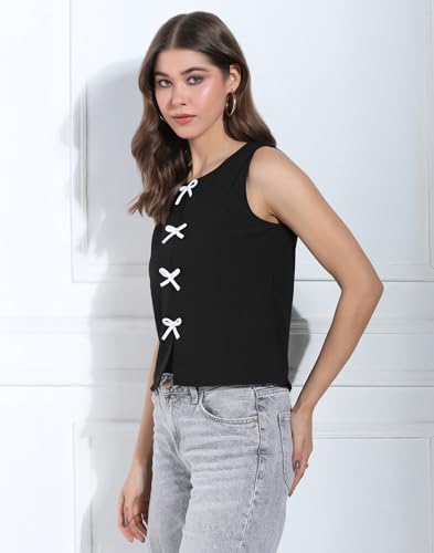Image of Selvia Women's Solid Black Sleeveless Top with Front Bow Tie-Up Detail