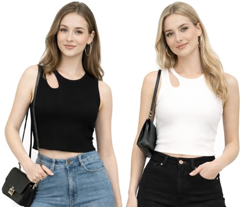 Image of Women's & Girl's Plain Black & White Tank Tops Crop Top (Set of 2)