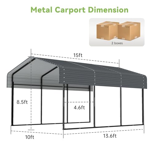 Image of Real Relax 10x15FT Heavy Duty Metal Carport, Outdoor Carport Canopy with Galvanized Steel Roof and Reinforced Base for All-Weather, Garage Shelter Shade for Trucks, Boats, Party, Gray