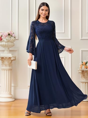 MISSMAY Women's Formal Lace Chiffon Bell Sleeve Wedding Party Long Dress3