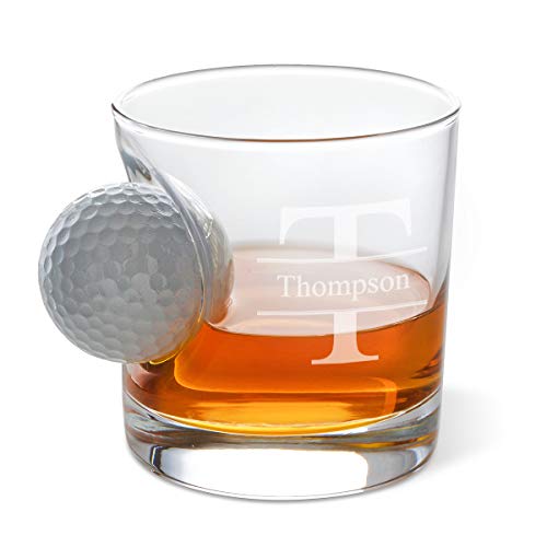 Personalized Bourbon Whiskey Glass with Engraved Monogram Stamped Etched Old Fashioned Glass with Golf Ball - Custom Drinking Gift for Him Fathers Day Gift for Dad Husband Boyfriend Grandpa