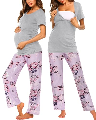 Image of Ekouaer Women's Maternity Nursing Pajamas Sets Breastfeeding Printed Sleepwear Short Sleeve 2 Pcs Henley Top and Pants Set