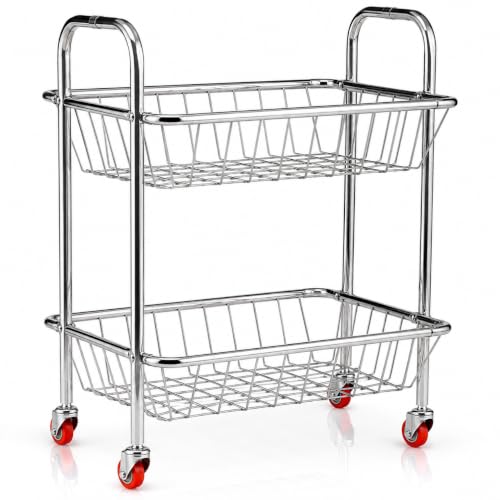 Image of TUNIS Tier Stainless Steel Kitchen Storage Trolley with Wheels | Multipurpose Vegetable & Fruit Rack Organizer | Movable Storage Cart for Kitchen, Pantry & Home (Open Wire Trolley, 2 Tier)
