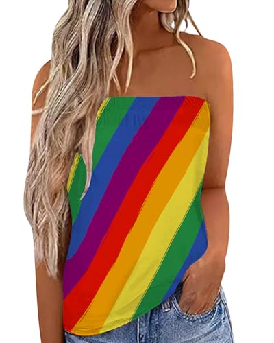 IWOLLENCE Pride Month Outfits for Women Rainbow Striped Printing Tube Tops LGBTQ Love Wins Strapless Sleeveless Shirts M