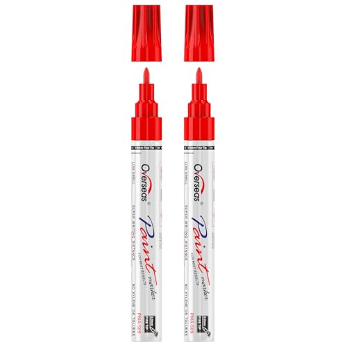 Overseas Oil-Based Fine Tip Paint Marker Pen - 2 Pack Red 0.9Mm Fine Nib Permanent Markers, Quick Dry, Waterproof, Fade Resistant Paint Pens For Metal, Wood, Rock, Plastic, Ceramics, Rubber, Glass