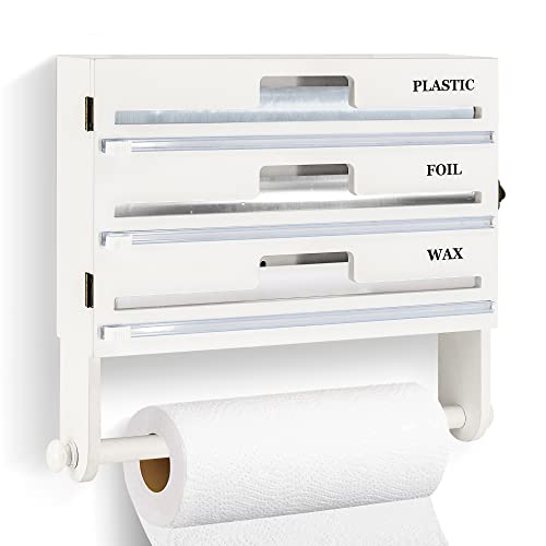 Foil and Plastic Wrap Organizer, 3 in 1 Plastic Wrap Dispenser with Cutter, Paper Towel Holder Wall Mount, Aluminum Foil Organization and Storage, Wax Paper and Foil Dispenser with Paper Towel Holder