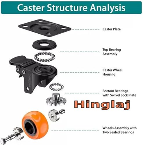 Image of ROLLEASE 1.5 inch 38mm Heavy Duty Caster Wheels Set of 4 | 2 with Brakes & 2 Without Brakes | Soft Rubber Swivel Casters with 360 Rotation | Locking Wheels for Furniture, Baby Bed, Cabinet - Orange