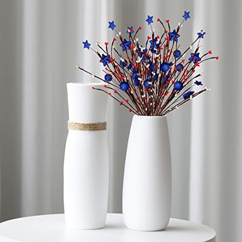 FGYZYP 4Pcs Artificial Pip Berry Stems for 4th of July Independence Day Decor, Red White Blue Patriotic Berry Branch with Pentagram, Floral Berry Spray Picks for Home Office Restaurant Vase Decor
