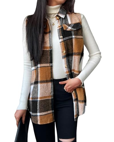 JTI Vest for Women, Flannel Plaid Lapel Neck Sleeveless Outerwear Vests, Button Front with Pockets Casual Jackets - Main Image
