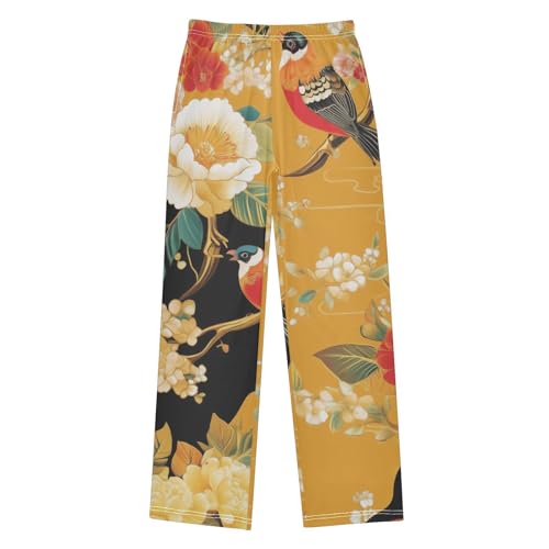 Chinese Birds Flowers Boys Long Pants Soft Trousers Elastic Waist Kids Lounge Bottoms with Pockets S-XL
