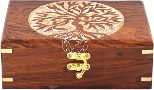 Image of Rosewood Handmade Wooden Urn Tree of Life Engraving Handcarved Jewellery Box for Women-Men Jewel | Home Decor Accents | Decorative Boxes | Storage & Organiser (7 inch x 5.5 inch x 3.5 inch, Tree - 2 White)