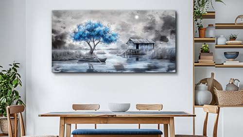 Large Wall Decor for Living Room Stretched and Framed Canvas Wall Art for Office Wall Decorations for Bedroom The Blue Tree Paintings The Hut Picture Artwork Home Decor Ready to Hang