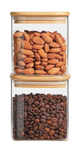 Image of Premium 750ML Glass Food Storage Jars with Airtight Bamboo Lid Set of 2 Storage jar Clear Glass For Serving Tea, Coffee, Flour, Sugar, Candy,Cookie,Spice and More (750 ML, Set of 2)