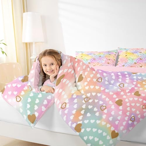 Image of Erosebridal Rainbow Hearts King Comforter Set Gold Heart Bedding Set for Kids Teens Valentine Love Geometric Quilt Love Heart Bedroom Decor 3 Pcs
