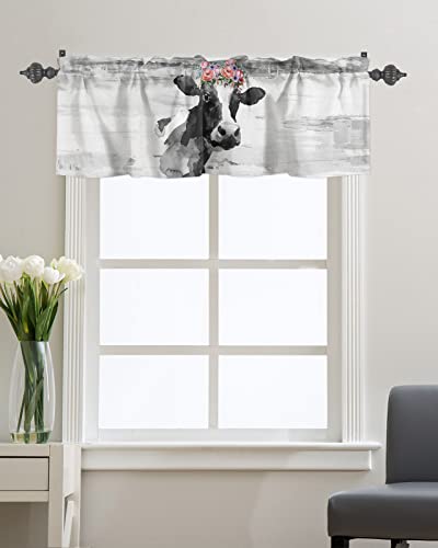 Onehoney Window Valances Kitchen Short Curtains, Farm Cute Cow With Flower Wreath Rod Pocket Valance Drapes Decorative Window Treatment For Living Room Bedroom Bathroom Retro Grey Animal Art #TOP9