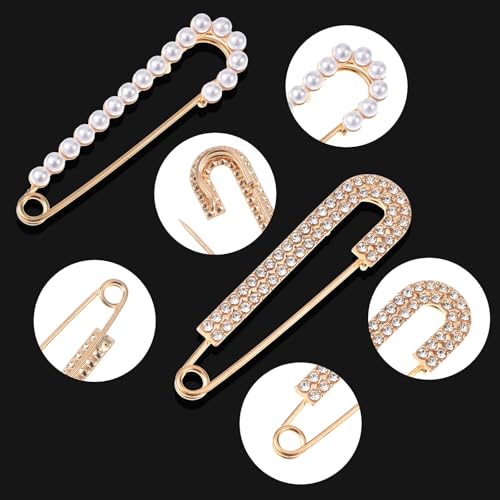 Image of 8 Pcs Brooch Pins Peal Decorative Safety Pins Sweater Shawl Clips Brooch Safety Pin for Clothing Dress Pants Skirt Cardigan Collar Faux Pearl Rhinestones Brooches for Womens Pants Extender