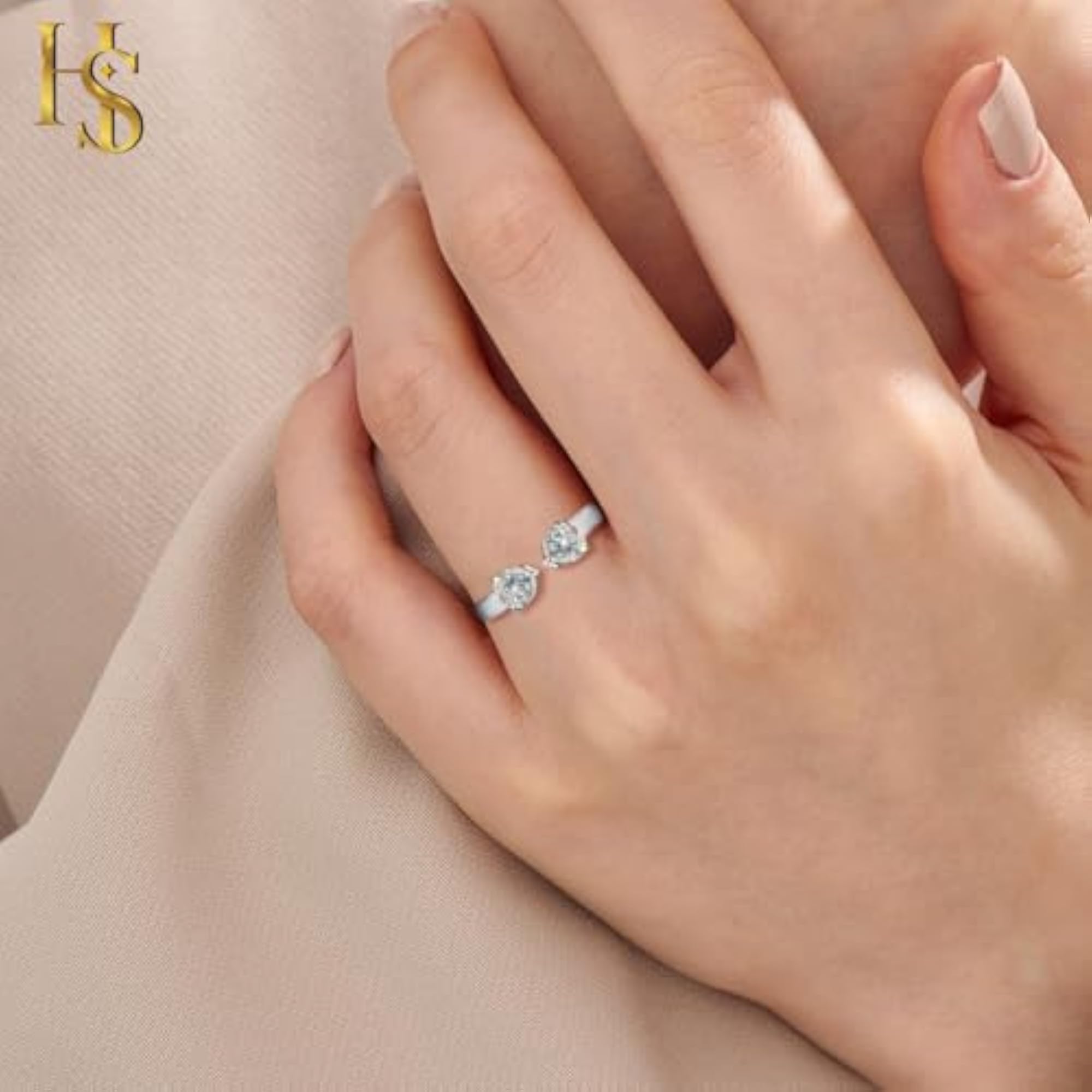 Women's 925 Silver Double Diamond Open Ring, Adjustable Style