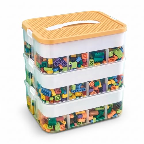 Utensy Boîte de Rangement pour Lego, briques boîtes empilables avec couvercle, boîtes de tri, jouets transparents, petites pièces, boîte de rangement pour enfants (3 Couches Jaunes)