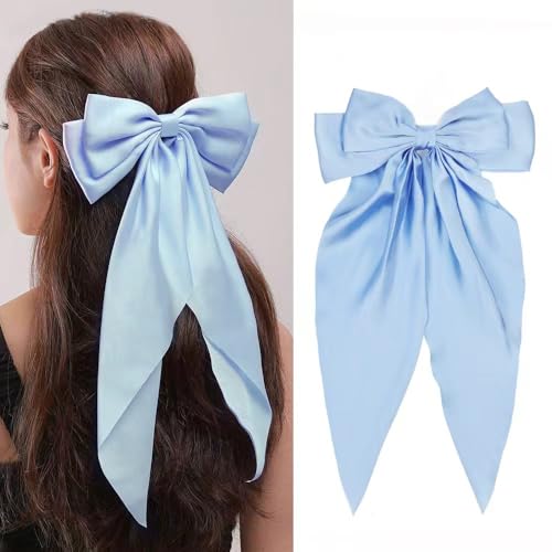 Silky Satin Oversized Long-tail Bow Clip Large champagne color Hair Bow for Women Girl Hair Accessories with Long Tail 1Pcs(#Sky Blue)