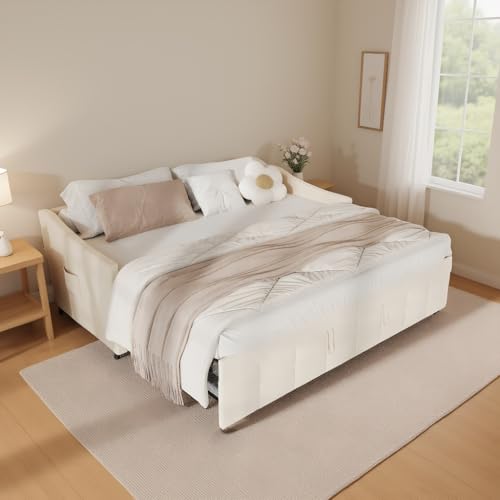 DAHUEN Cama de día Extensible 90/180 x 200 cm, Sofá Cama 2 plazas con somier, Sofá Cama de 90 x 200 cm con Bolsillos, Terciopelo, Crema (Crema, 90/180 x 200 cm)