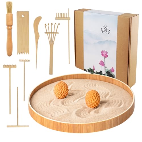 Japanese Zen Garden for Desk, Dorhui Sand Tray Therapy Kit Meditation Gifts - 12”Large Round Bamboo Tray, 7Pcs Mini Zen Garden Rake Kit, Stamp Spheres for Home, Office, and Classroom