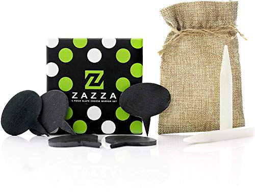 Zazza Cheese Markers Set Made of Natural Slate -5 Cheese Labels Perfect for Charcuterie Boards 2 Soapstone Chalks with Bag and Designer Gift Box