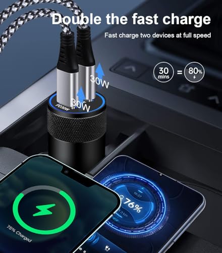 Bloque de enchufe de coche para iPhone 15 Pro Max y Galaxy S24 con carga rápida tipo C 60W 5