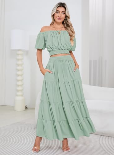 HUUSA 2025 Summer 2 Piece Boho Outfits for Women Short Sleeve Off Shoulder Crop Top and High Waist Flowy Long Skirt Set2