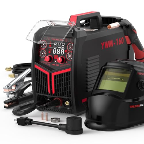 Image of YESWELDER YWM-160 MIG Welder, 4-in-1 Flux Core /MIG /Lift TIG /Stick, Synergic Control 110V /220V 160A Multiprocess Welding Machine & LYG-L600A Auto Darkening Blue Light Blocking Welding Helmet