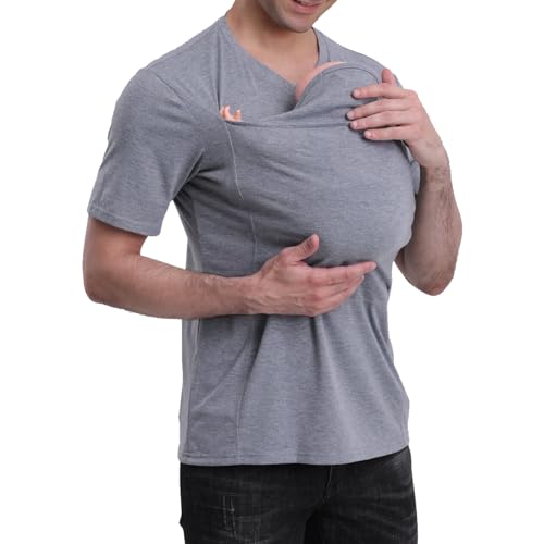 Image of Mens Baby Carrier Shirt, Kangaroo Shirt for Dad and Baby V Neck Short Sleeve Kangaroo T Shirt for Dad with Hat-Grey Hat-XL