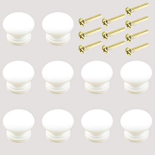 Ceqiny - Lote de 10 pomos redondos de madera para cajones y cajones con tornillos y tiradores de madera para cajones de cocina, baño, dormitorio, color blanco