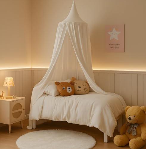 ALAVYA HOME® Betthimmel Baldachin Babybett Kinderzimmer – 100% Bio-Baumwolle Musselin, GOTS-Zertifiziert, Vintage Himmelbett, Moskitonetz & Insektenschutz, Saumlänge ca. 250 cm, Kuschelecke – Weiß