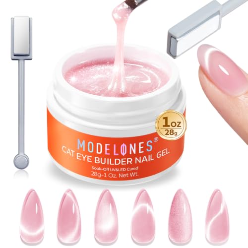 Image of modelones Cat Eye Builder Nail Gel with Magnet, Pink Glitter Magnetic Builder Hard Gel, Pink Shimmer Holographic Jelly Color for Nail Extension Apex Building, Self-Leveling, DIY Salon U V LED Cure 1oz