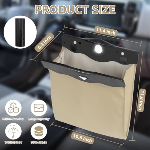 Image of XSUPER Car Trash Bag - Waterproof PU Leather Hanging Trash Can with Smart LED Light & Magnet Closure for Back Seat, Portable Trash Bin Includes 15 Rubbish Bags(Beige)