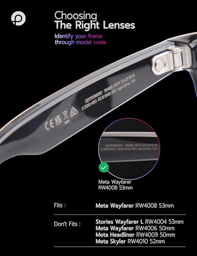 Image of Replacement Lenses for Ray-Ban Meta Wayfarer RW4008 & RW4012 53mm AI Glasses - Photochromic, Anti Blue Light Lens