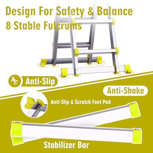 Image of A Frame Ladder, 14FT Aluminum 4 Step Ladder Foldable, 330LBS, Silver Yellow