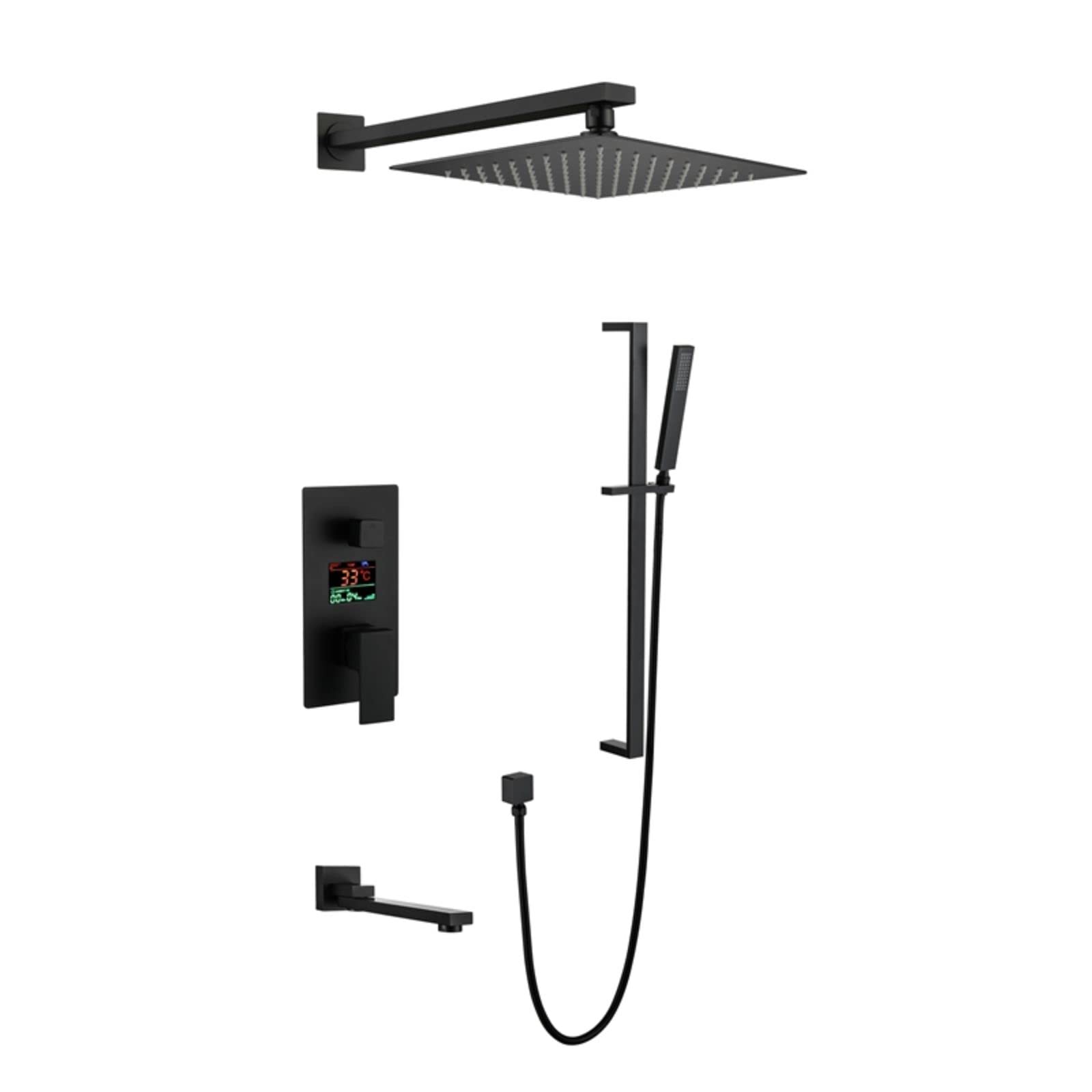 WOTZOV Shower System Wall Mounted Faucet Set With Led Digital Display Combo 10" Rain Head Mixer With Bathtub Spout, Handheld, 27.5" Rod,Black，Nero