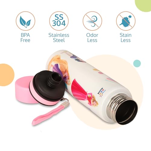 Image of SKi Homeware ALIA Premium Stainless Steel Sipper Bottle for Kids | 3D Disney Touch & Feel Print | Wide Mouth + Sipper | BPA-Free, Odorless | 900ml | Leak-Proof | Carrying Sling (Princess)