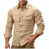 Ctreela Men's Slim Fit Safari Shirt Outdoor Hiking Fishing Button Down Long Sleeve Tactical Work Shirts with Pockets Khaki