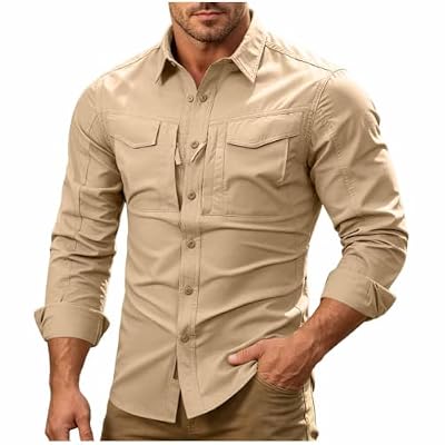 Ctreela Men's Slim Fit Safari Shirt Outdoor Hiking Fishing Button Down Long Sleeve Tactical Work Shirts with Pockets Khaki