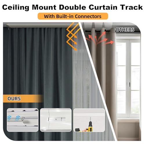 Image of Double Curtain Track Ceiling Mount, Silent Aluminum Track Curtain Rail, Heavy-Duty Double Row Ceiling Curtain Tracks Rod Sliding Rails for Curtains, Room Divider for Living Room Bedroom (15ft)
