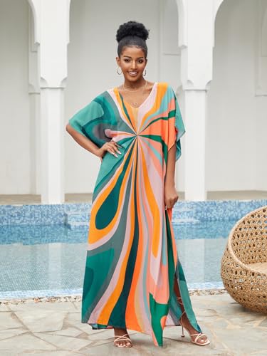 Image of sunforyou Kaftan Dresses for Women Plus Size Lightweight Swimsuit Cover up Batwing Sleeve Print Loungewear Beach Robe