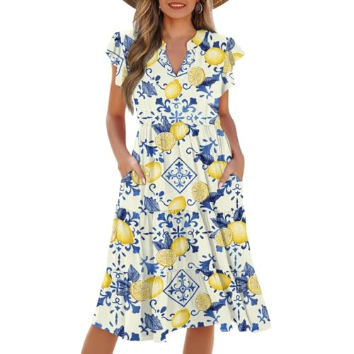Image of Womens Summer Dress Ruffle Sleeve V Neck Dress Casual Fit Flowy Beach Vacation Sundress with Pocket S-2XL