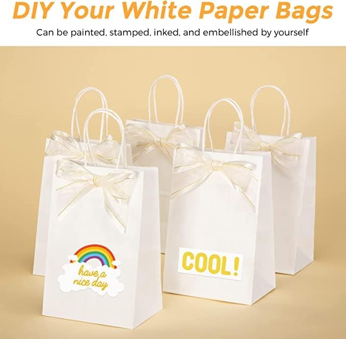Image of Kraft Paper Bags with Handles, 25pcs White Small Return Gift Bags Bulk, Retail, Shopping, Birthday Wedding Party Favour, Merchandise Bags | Small Size: 6x4x8 inch WHITE