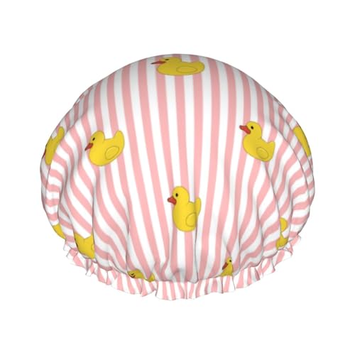 Hair Cap for Shower - Pink Striped Cute Duck Double Layer Shower Cap Reusable Waterproof, Large Shower Cap for Women, Hair Cap for Shower with Peva Lining and Elastic Rope