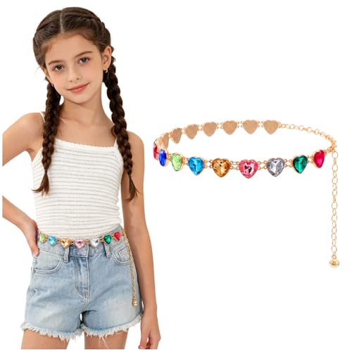 JKEEMI Girls Belt Gold Chain Kids Adjustable Colorful Rhinestone Metal Waist Chain Belts for Girl Dresses Jeans Gifts