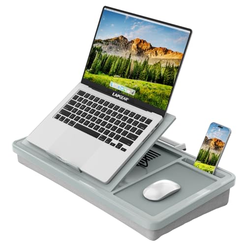 LAPGEAR Ergonomic Pro 2.0 Lap Desk with 9 Adjustable Heights, Built-in Mouse Pad & Phone Slot – Full Microbead Cushion, Storage Pocket – Fits Laptops up to 15.6' – Gray – Style No. 49505