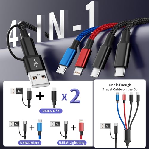 Image of 4 in 2 Multi Charging Cable, USBA /C Charging Cords for Multiple Devices | Dual Type-C Ports Phone Charger Cord, Universal Travel Charger for iPhone17-12 /Androids /Pad, Car, Camping and More, 2Pack 5FT