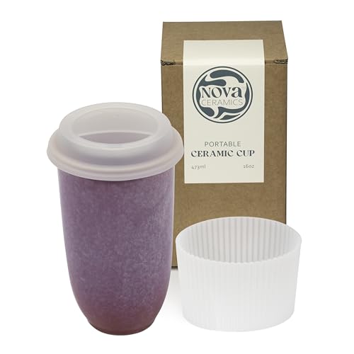 Image of NOVA CERAMICS Coffee Travel Mug - Cup Holder Friendly Travel Mug- Microwave & Dishwasher Safe White & Purple Tumbler - Coffee Mug Fits In Cup Holder - 16oz - Astral Bloom